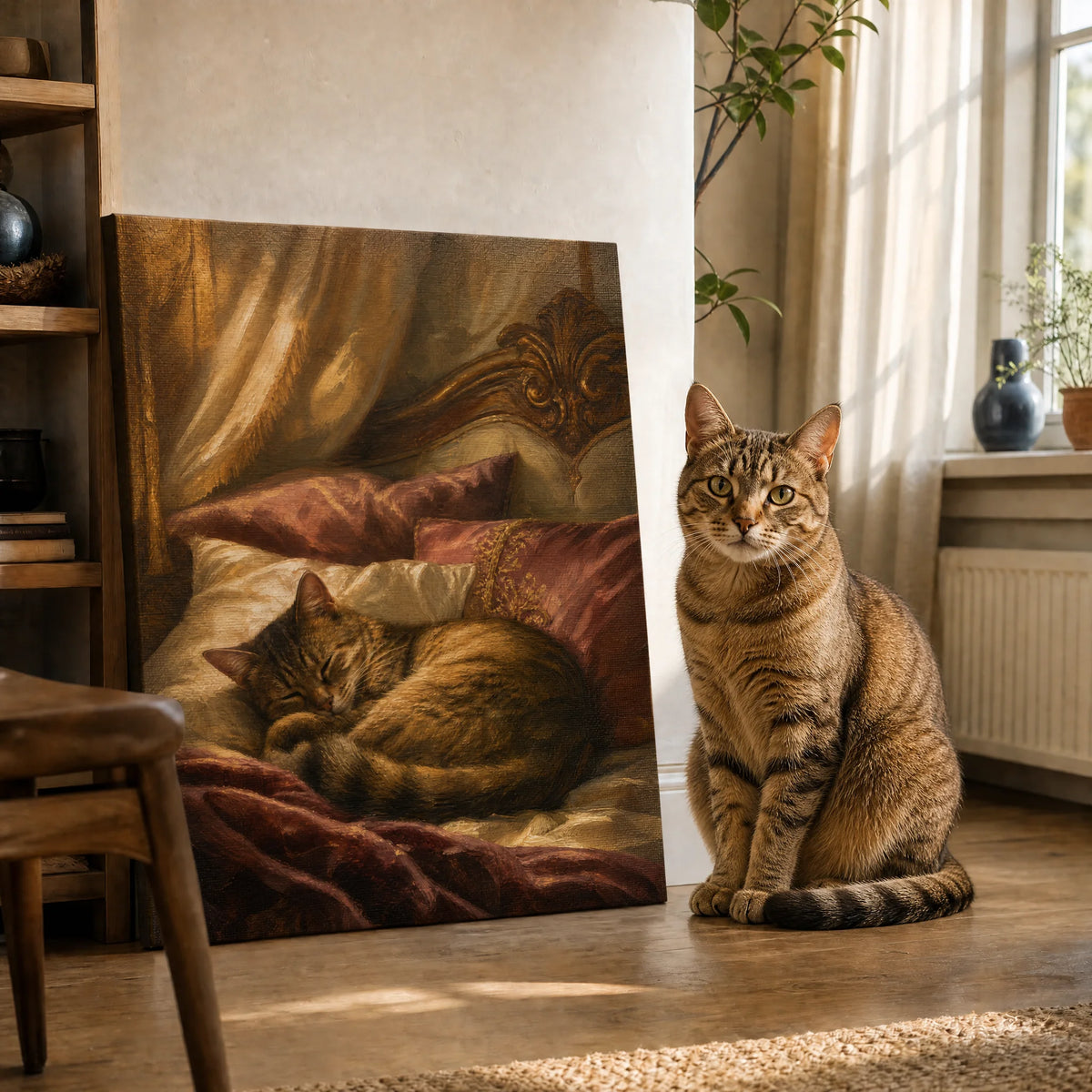 Özel Tasarım Uyuyan Kedi Portresi, Vintage Yağlı Boya Tarzı