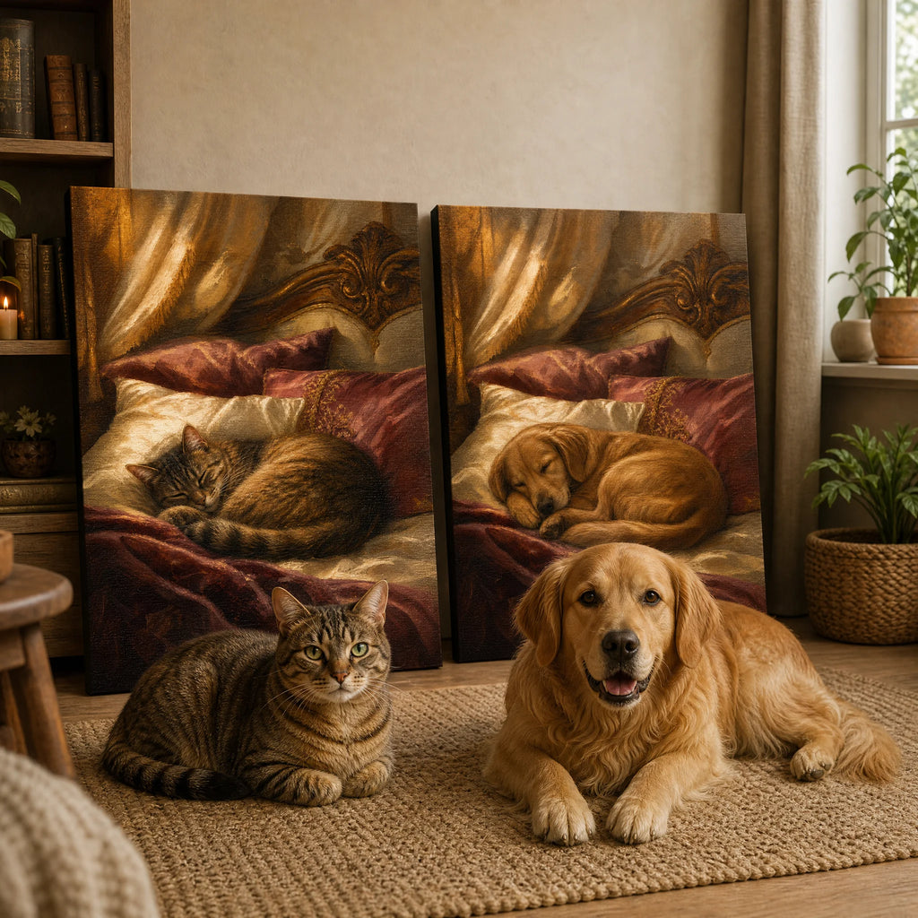 Özel Tasarım Uyuyan Kedi Portresi, Vintage Yağlı Boya Tarzı